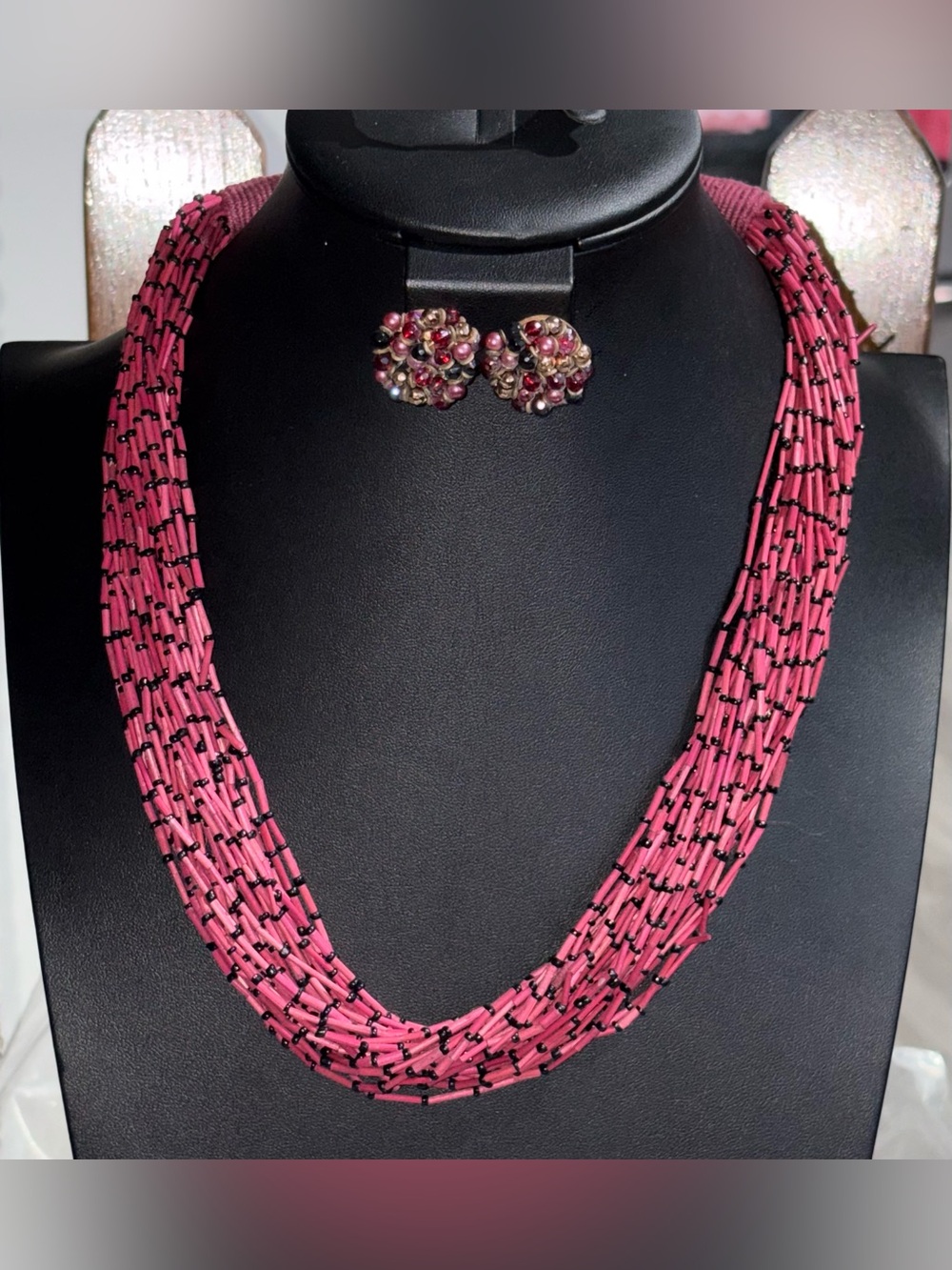 Vintage Pink & Black Beaded Necklace & Earring Set – 2 Piece Bundle
